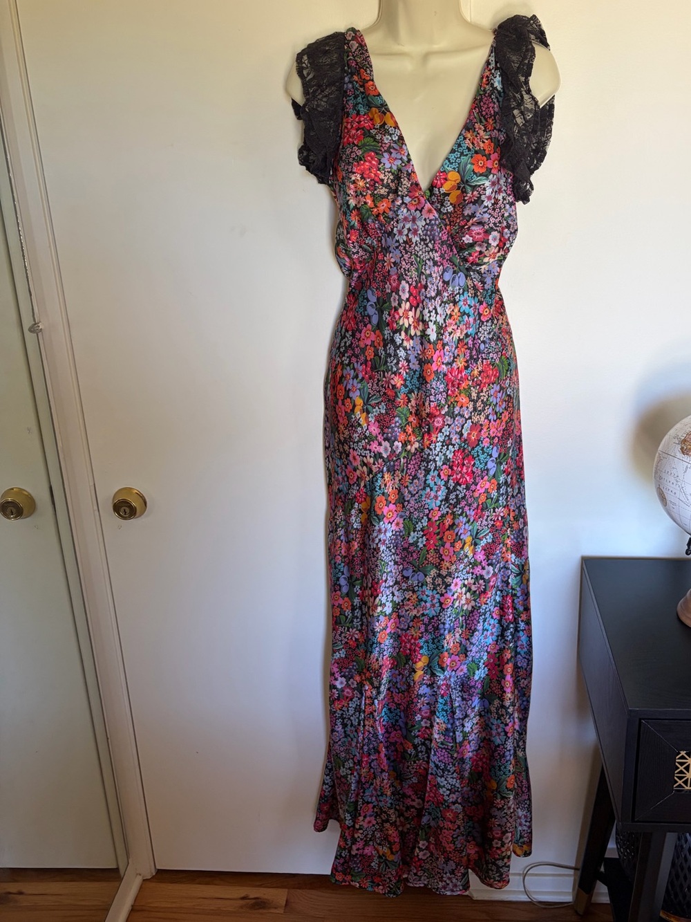 Beach Riot Multicolor Floral Maxi Dress with Black Lace Sleeves